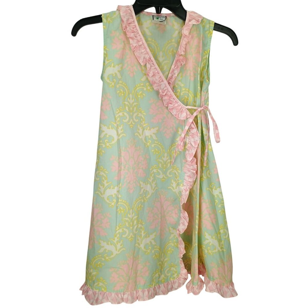 Shrimp & Grits Dress Girls Pastel Pink Mint Wrap Ruffle Sleeveless‎ Fleur De Lis